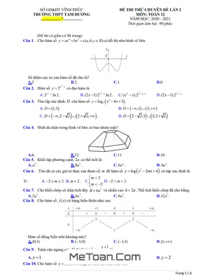 Đề thi thử chuyên đề Toán 12 lần 2 năm 2020 - 2021 trường THPT Tam Dương - Vĩnh Phúc