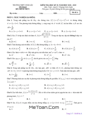 Đề thi học kỳ 2 Toán 10 năm 2018 - 2019 trường THPT Vinh Lộc - TT Huế