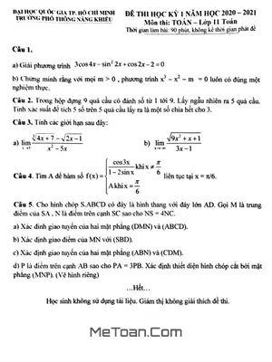 Đề thi HK1 Toán 11 năm 2020 - 2021 trường Phổ thông Năng khiếu - TP HCM