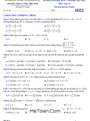 Đề thi học kì 2 Toán 12 năm 2022 – 2023 trường THPT Lương Thế Vinh – Quảng Ngãi