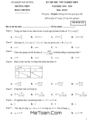 Đề thi thử tốt nghiệp THPT 2020 môn Toán trường THPT Đoàn Thượng - Hải Dương