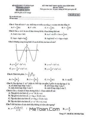 Đề thi thử THPT Quốc gia 2018 môn Toán - Sở GD & ĐT Hậu Giang