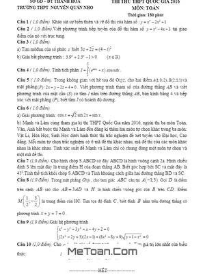 Đề thi thử THPT Quốc gia 2016 môn Toán trường Nguyễn Quán Nho - Thanh Hóa