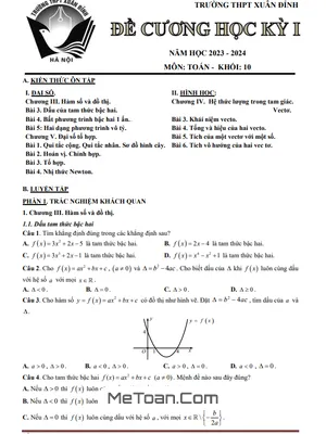 Đề Cương Ôn Tập Học Kỳ 1 Toán 10 Năm 2023 - 2024 Trường THPT Xuân Đỉnh - Hà Nội