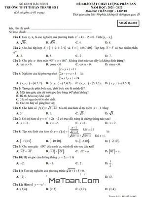 Đề KSCL phân ban Toán 10 năm 2021 - 2022 trường Thuận Thành 1 - Bắc Ninh