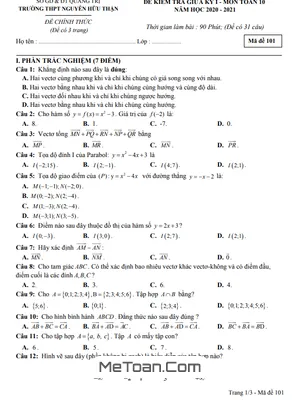 Đề thi giữa kỳ 1 Toán 10 năm 2020 - 2021 trường Nguyễn Hữu Thận - Quảng Trị