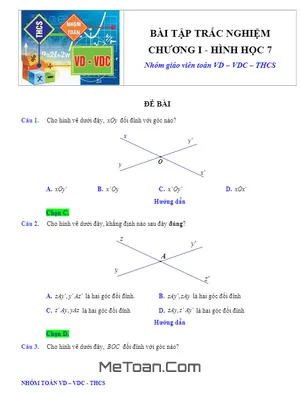 Trắc nghiệm Hình học 7 Chương 1: Đường thẳng vuông góc, đường thẳng song song (Có đáp án)