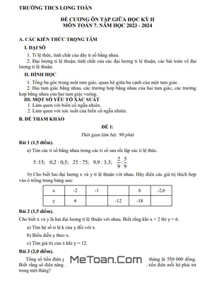Đề Cương Ôn Tập Giữa Kì 2 Môn Toán Lớp 7 Năm 2023-2024 - Trường THCS Long Toàn - BR VT