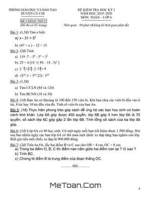Đề thi học kỳ 1 Toán lớp 6 năm 2019 - 2020 phòng GD&ĐT Củ Chi - TP HCM
