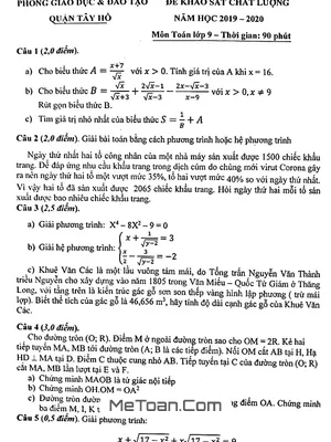 Đề khảo sát chất lượng Toán 9 năm 2019 – 2020 phòng GD&ĐT Tây Hồ – Hà Nội