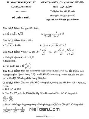 Đề thi giữa kỳ 1 Toán 9 năm 2023 - 2024 trường THCS Đàm Quang Trung - Đà Nẵng