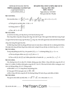 Đề thi học kỳ 2 Toán 9 năm 2022 - 2023 phòng GD&ĐT Hai Bà Trưng - Hà Nội