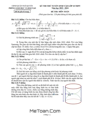 Đề thi thử Toán vào lớp 10 năm 2023 – 2024 phòng GD&ĐT Ngô Quyền – Hải Phòng