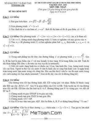 Đề Thi Tuyển Sinh Lớp 10 Môn Toán Sở GD&ĐT Đắk Lắk Năm 2019-2020