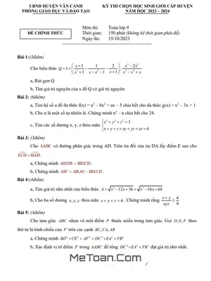 Đề thi chọn học sinh giỏi Toán 9 năm 2023 - 2024 phòng GD&ĐT Vân Canh - Bình Định