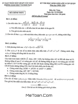 Đề thi Học Sinh Giỏi Toán 9 năm 2020 - 2021 Phòng GD&ĐT Cầu Giấy - Hà Nội
