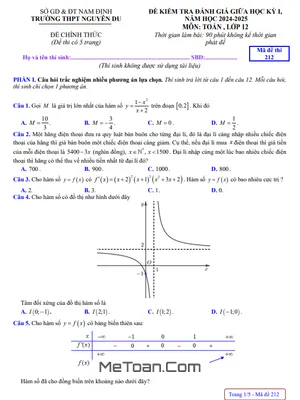 Đề giữa học kỳ 1 Toán 12 năm 2024 - 2025 trường THPT Nguyễn Du - Nam Định