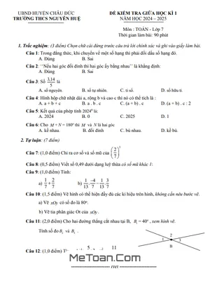 Đề Thi Giữa Học Kì 1 Toán 7 Năm 2024 - 2025 Trường THCS Nguyễn Huệ - BR VT (Có Đáp Án)