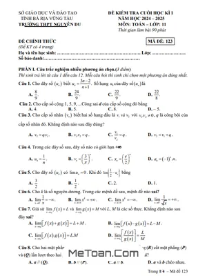 Đề thi học kì 1 Toán 11 năm 2024 - 2025 trường THPT Nguyễn Du - BR VT