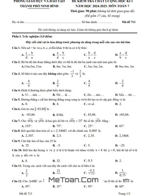 Đề thi học kì 1 Toán 7 năm 2024 - 2025 phòng GD&ĐT thành phố Ninh Bình