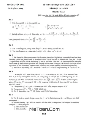 Đề Thi Chọn Học Sinh Giỏi Toán 9 Phường Yên Hòa Năm 2025 - 2026 (Kèm Đáp Án)