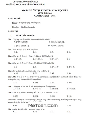 Đề Cương Ôn Tập Cuối Học Kì 1 Toán 6 Năm 2025 - 2026 THCS Nguyễn Bỉnh Khiêm, Hà Nội