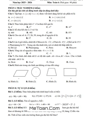 Đề thi cuối học kỳ 1 Toán 6 năm học 2025 - 2026 trường THCS Tân Triều - Hà Nội