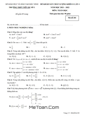 Đề KSCL Toán 11 Lần 1 Năm 2021 - 2022 Trường THPT Tiên Du 1 - Bắc Ninh