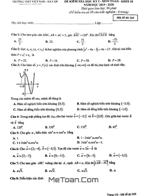 Đề thi HK1 Toán 10 năm 2019 - 2020 trường THPT Việt Nam - Ba Lan - Hà Nội