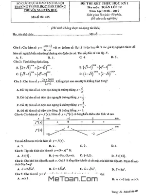 Đề thi học kỳ 1 Toán 12 năm 2018 - 2019 trường Chuyên Nguyễn Huệ - Hà Nội