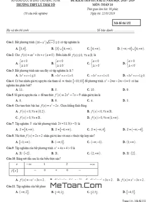 Đề kiểm tra giữa kì 2 Toán 10 năm 2018 - 2019 trường Lý Thái Tổ - Bắc Ninh