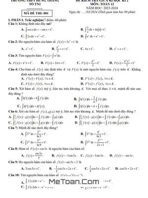 Đề thi giữa kì 2 Toán 12 năm 2023 - 2024 trường THPT Hùng Thắng - Hải Phòng