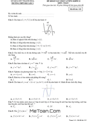 Đề khảo sát chất lượng Toán 12 năm 2020 trường THPT Hậu Lộc 2 - Thanh Hóa
