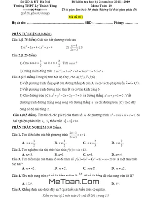 Đề thi HK2 môn Toán lớp 10 năm 2018 - 2019 trường THPT Lý Thánh Tông - Hà Nội