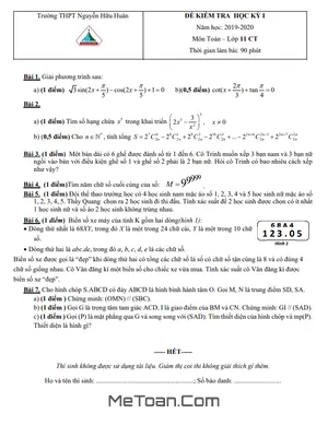 Đề thi cuối kì 1 Toán 11 năm 2019 - 2020 trường THPT Nguyễn Hữu Huân - TP HCM