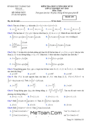 Đề kiểm tra chất lượng HK2 Toán 12 năm 2017 - 2018 Sở GD&ĐT Gia Lai