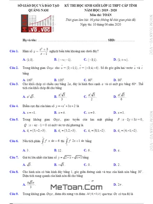 Đề thi học sinh giỏi Toán 12 THPT cấp tỉnh năm 2019 - 2020 sở GD&ĐT Quảng Nam