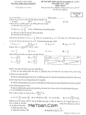 Đề thi thử THPT Quốc gia 2018 môn Toán trường THPT Hàn Thuyên – Bắc Ninh lần 1 (có đáp án)