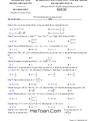 Đề khảo sát chất lượng Toán 10 lần 2 năm 2020 - 2021 trường Quế Võ 1 - Bắc Ninh