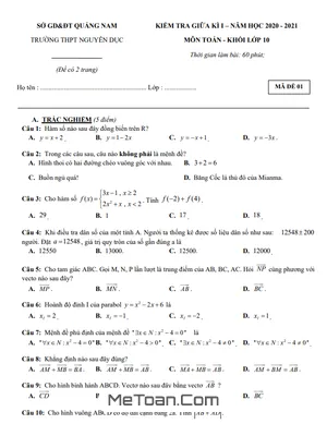 Đề Thi Giữa HK1 Toán 10 Năm 2020 - 2021 Trường THPT Nguyễn Dục - Quảng Nam