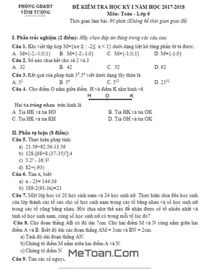 Đề thi HK1 Toán lớp 6 năm học 2017 - 2018 phòng GD&ĐT Vĩnh Tường - Vĩnh Phúc