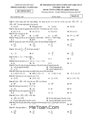 Đề thi giữa học kỳ 2 Toán lớp 6 năm 2018 - 2019 phòng GD&ĐT Mỹ Hào - Hưng Yên