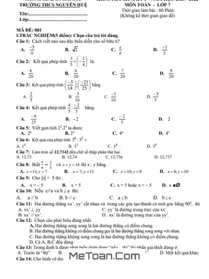 Đề thi giữa kì 1 môn Toán lớp 7 năm 2021 - 2022 trường THCS Nguyễn Huệ - Quảng Nam