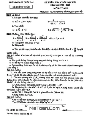 Đề thi học kì 1 Toán 9 năm 2020 - 2021 phòng GD&ĐT Quốc Oai - Hà Nội