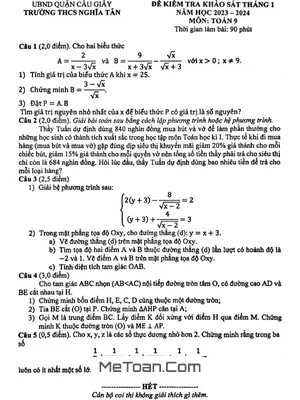 Đề khảo sát Toán 9 tháng 1 năm 2024 trường THCS Nghĩa Tân - Hà Nội