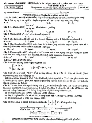 Đề KSCL học kỳ 2 Toán 9 năm 2018 - 2019 sở GD&ĐT Vĩnh Phúc