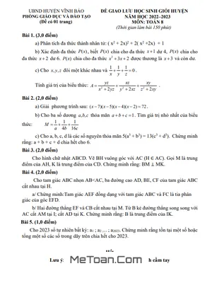 Đề Giao Lưu HSG Toán 8 Năm 2022 - 2023 Phòng GD&ĐT Vĩnh Bảo - Hải Phòng