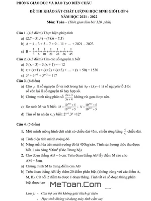 Đề thi học sinh giỏi Toán 6 năm 2021 - 2022 phòng GD&ĐT Diễn Châu - Nghệ An