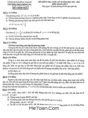 Đề kiểm tra cuối kỳ 2 Toán 9 năm 2021 – 2022 trường THCS Đống Đa – TP HCM