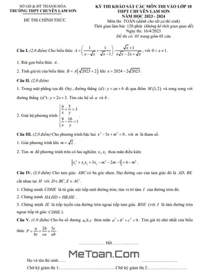 Đề khảo sát Toán vào 10 năm 2023 – 2024 trường chuyên Lam Sơn – Thanh Hóa